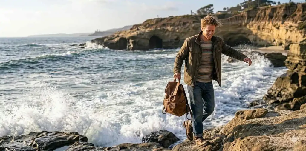 Traveler exploring rocky La Jolla coastline