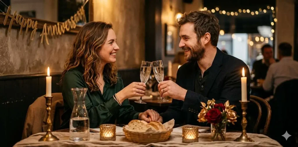 Couple celebrating an anniversary with candlelight dinner
