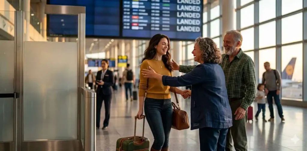 Traveler smiling after arriving at destination