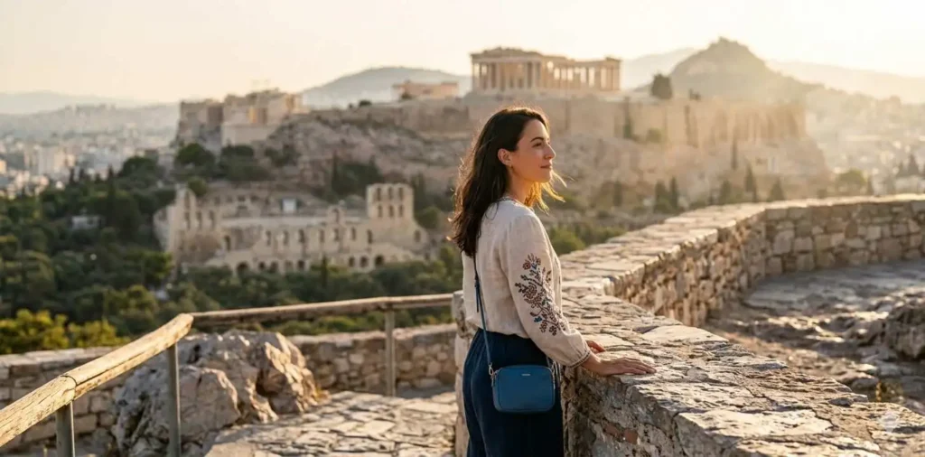 Traveler admiring historic architecture in Athens