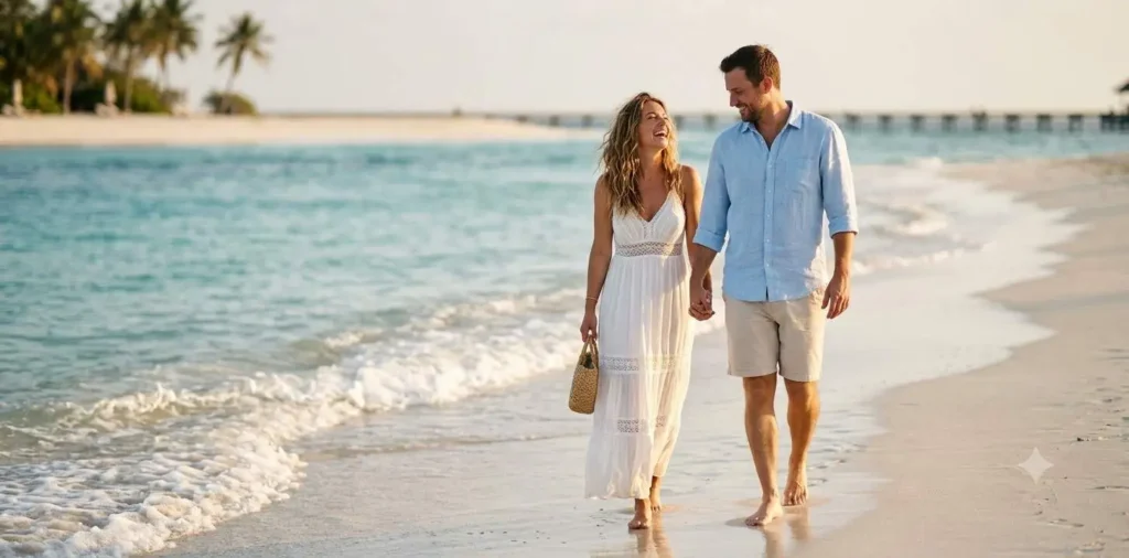 Couple walking barefoot along tropical shoreline