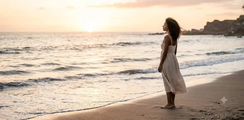 Woman watching sunrise beside calm ocean