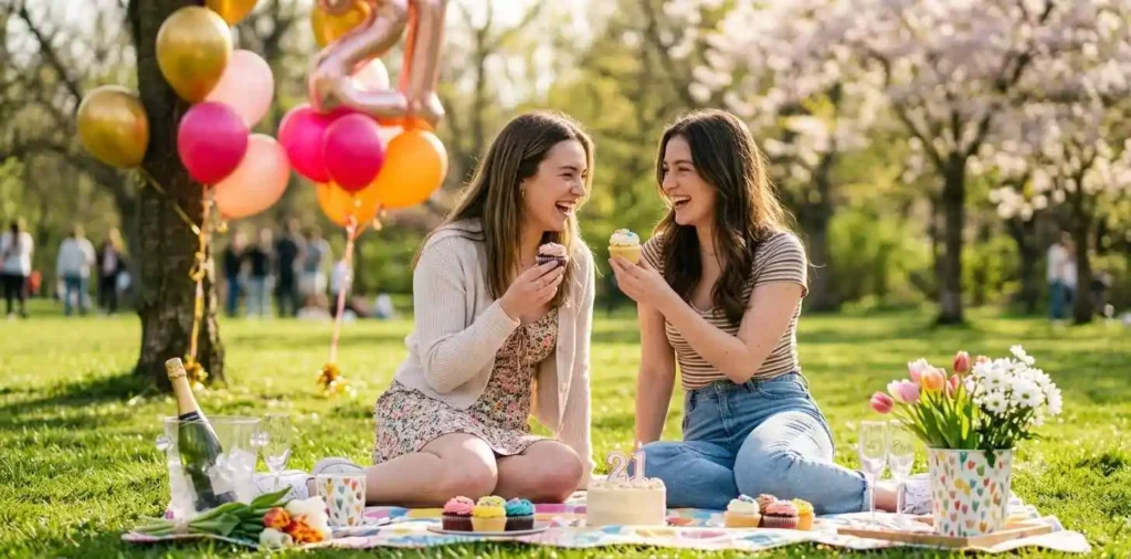 Best friends laughing together at a birthday celebration