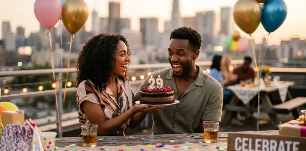 Couple celebrating a birthday with cake outdoors