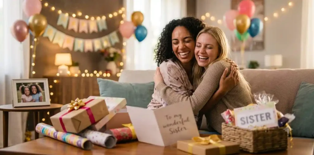 Two sisters hugging during a birthday celebration