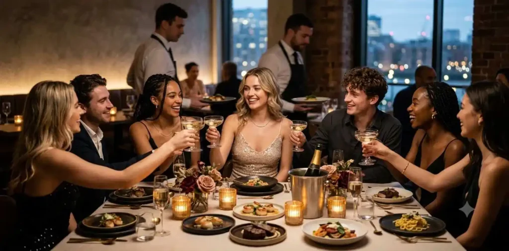 Friends celebrating birthday dinner at a cozy restaurant