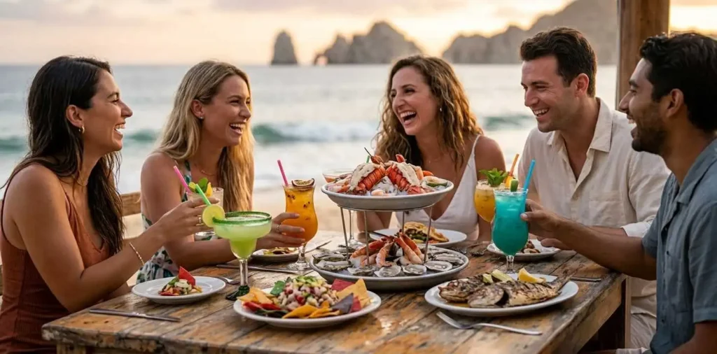 Friends enjoying seafood and cocktails at beach restaurant