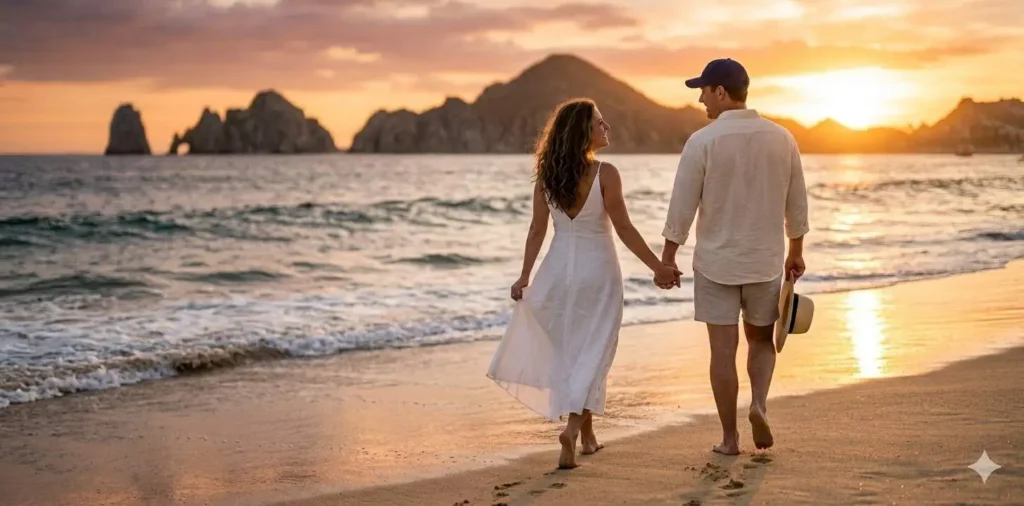 Romantic couple walking along Cabo beach at sunset