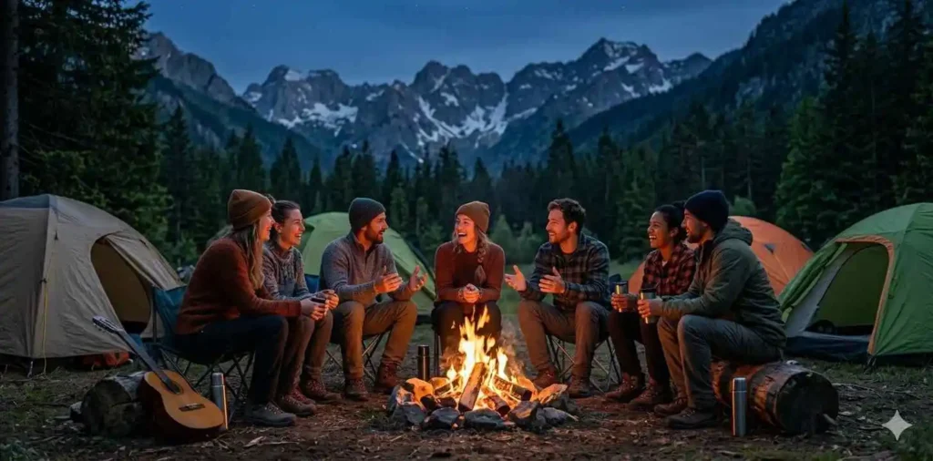 Friends sitting beside mountain campsite