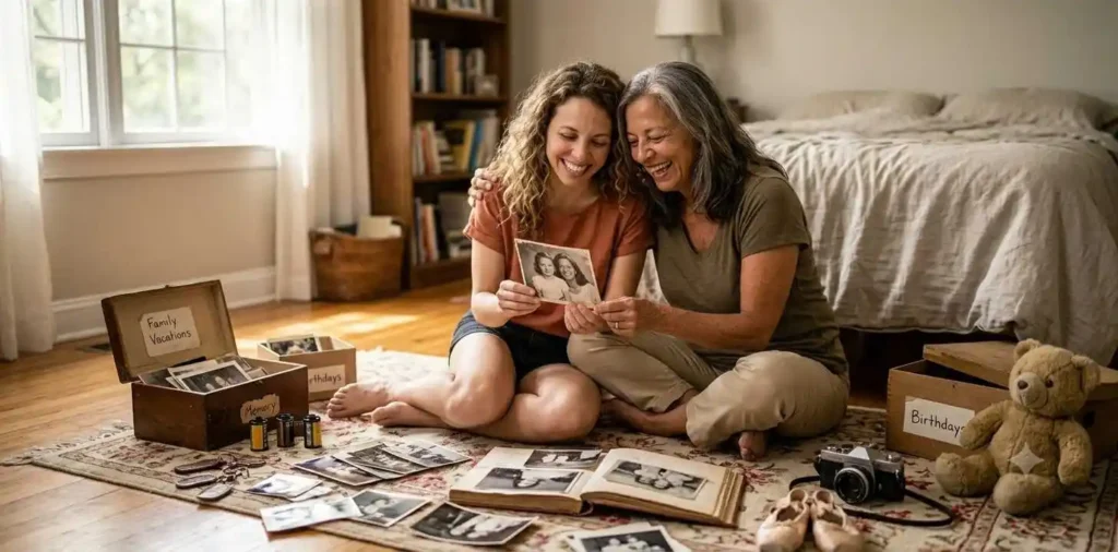 Mother and daughter looking through old family photos