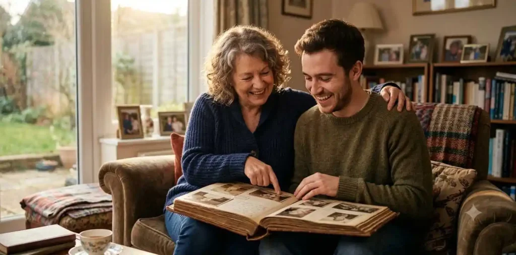 Mother looking through old family photos