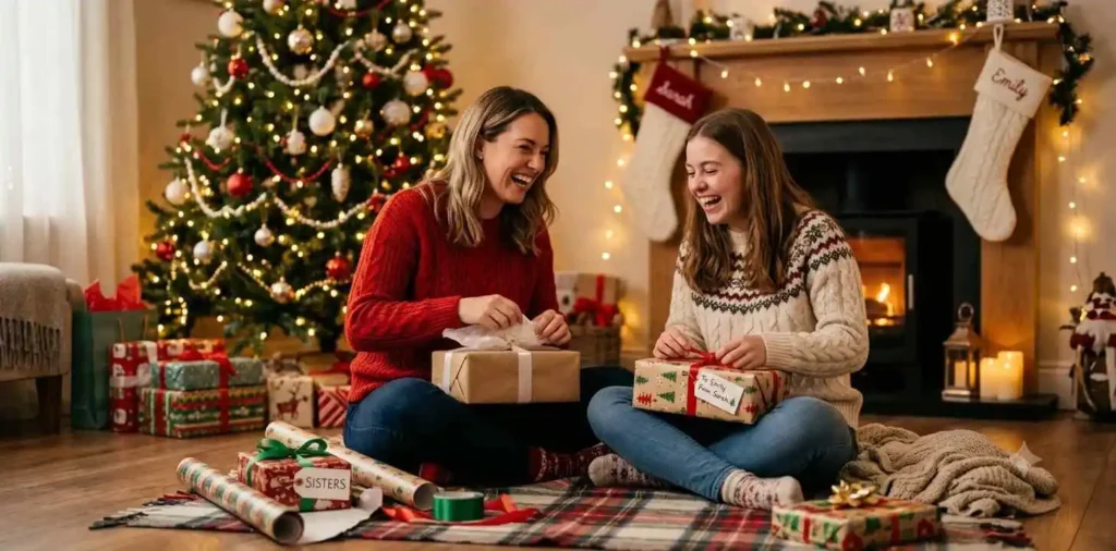 Sisters opening gifts beside Christmas tree