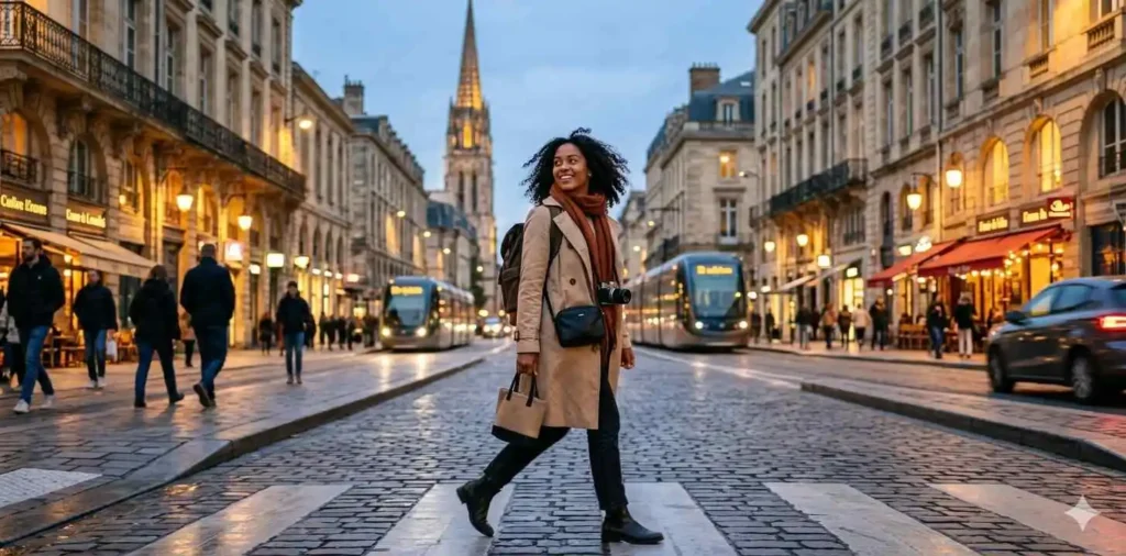 Traveler crossing lively city street