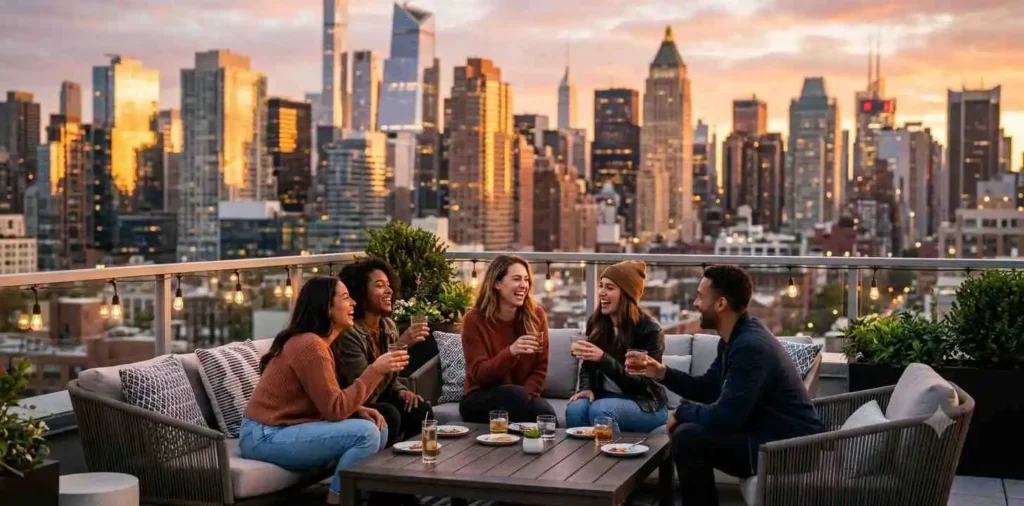 Friends overlooking city skyline at sunset