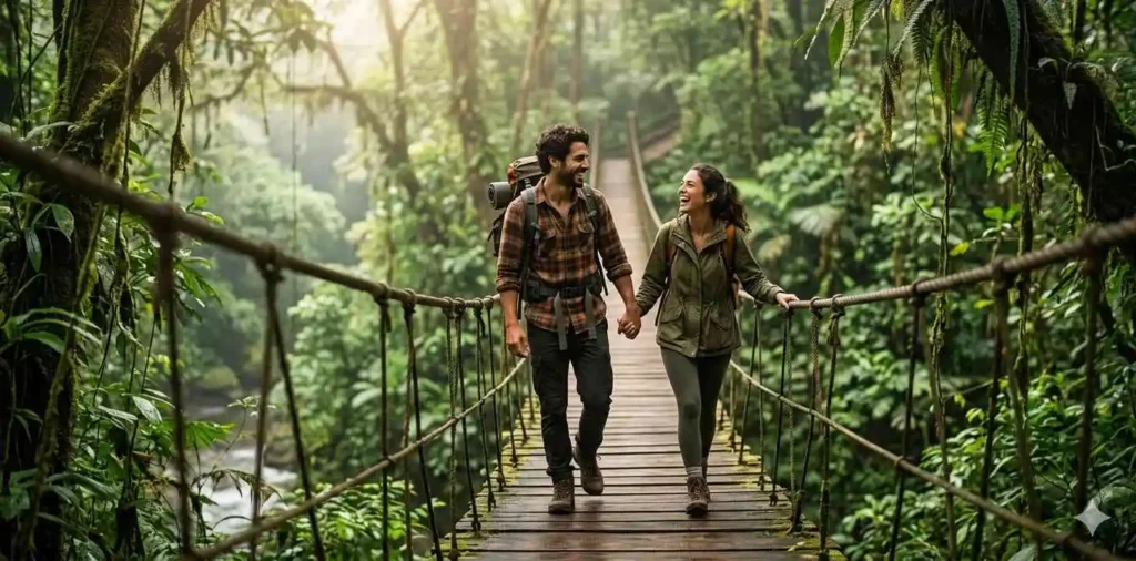Couple exploring forest trail together