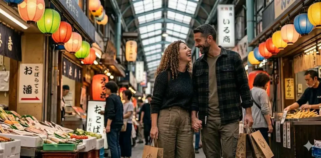 Couple sharing a joyful walk through a Japanese market