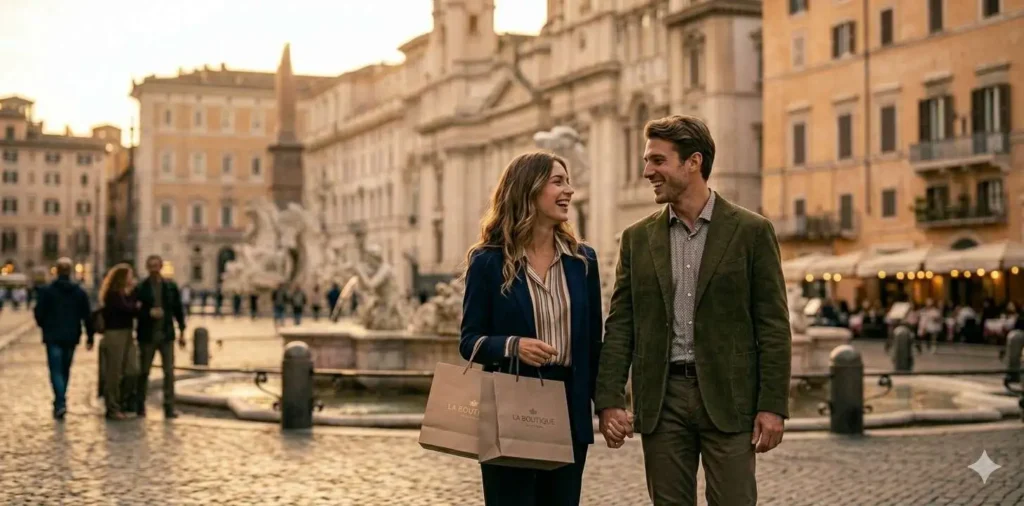 Couple sharing a joyful walk through Rome