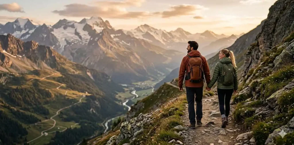 Couple holding hands on scenic trail
