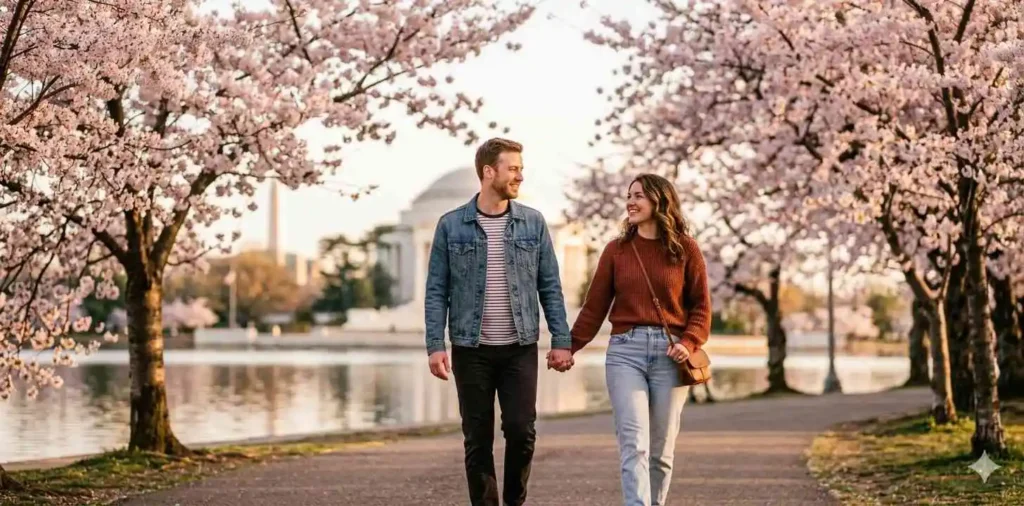 Couple strolling together beside DC landmarks