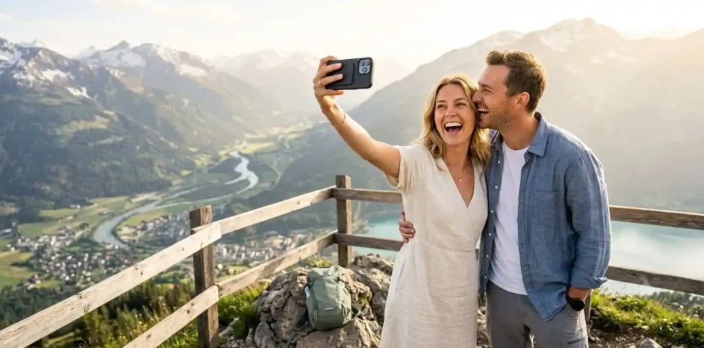 Couple enjoying scenic mountain viewpoint together