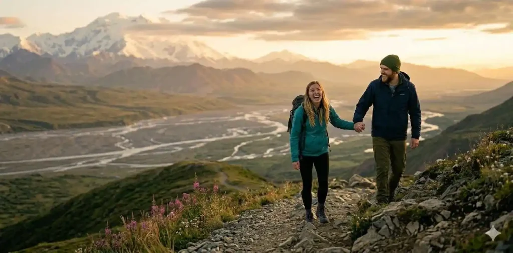 Couple holding hands on mountain trail