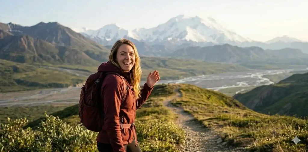 Hiker admiring mountain views in Denali