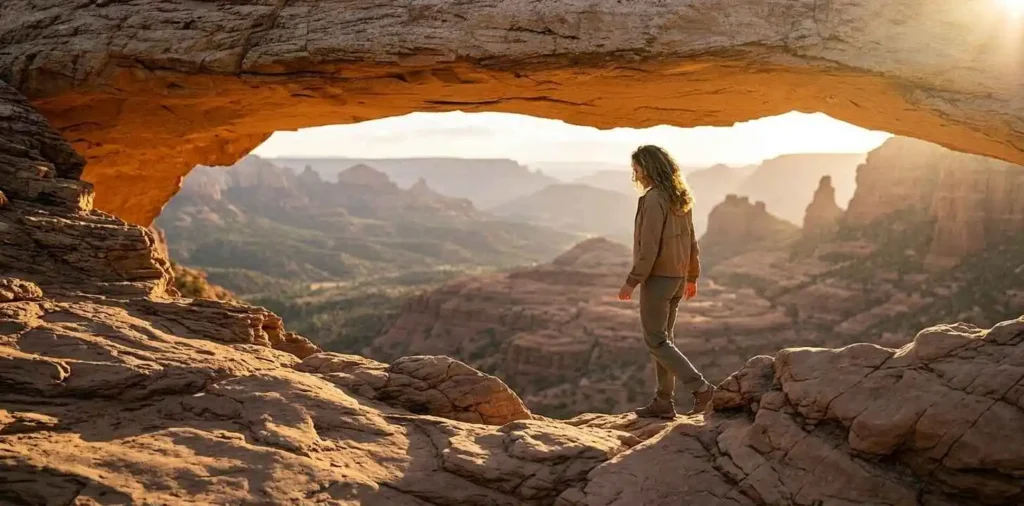 Hiker standing on natural sandstone bridge