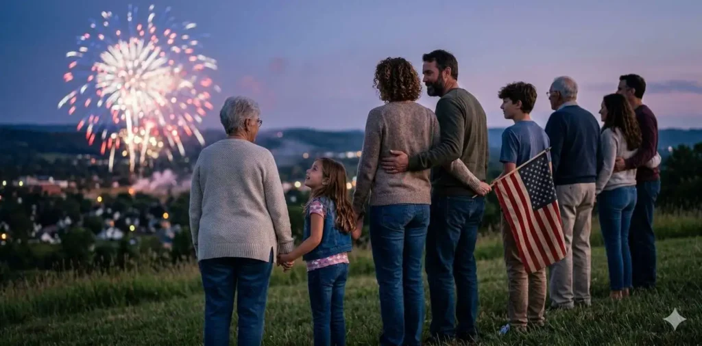 Multi-generational family watching fireworks with quiet pride