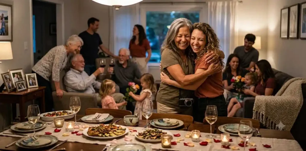 Mother and daughter smiling during a family dinner