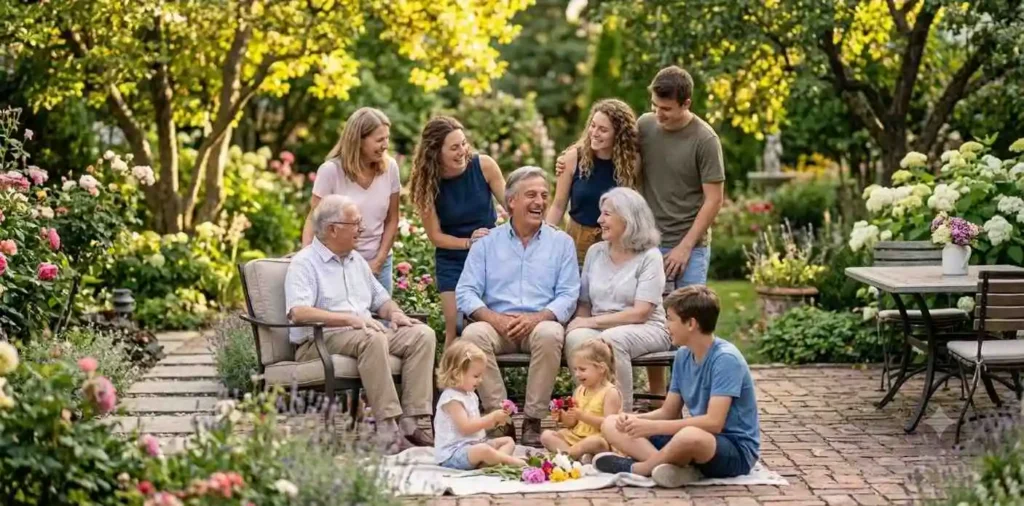 Father smiling with family during backyard photo