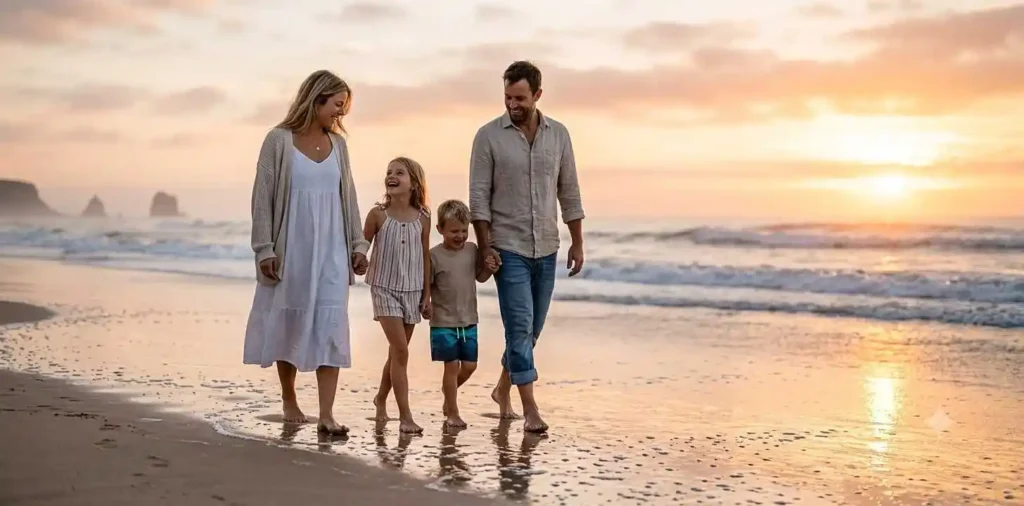 Family walking together along beach sunrise