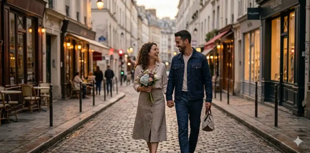 Smiling engaged couple walking hand in hand downtown