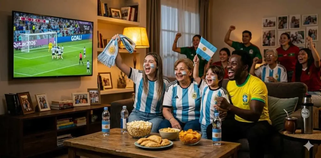 Family enjoying a football match together at home