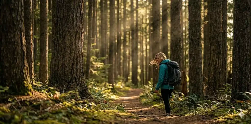 Hiker walking through sunlit forest trail
