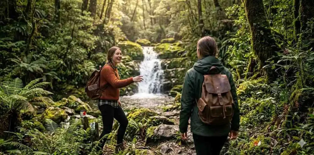 Friends exploring waterfall deep in forest