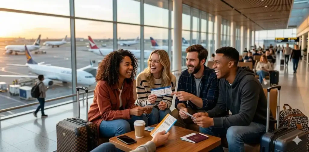 Friends laughing together before boarding flight
