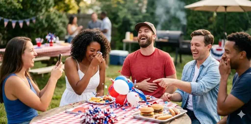 Friends laughing during a backyard Fourth of July barbecue