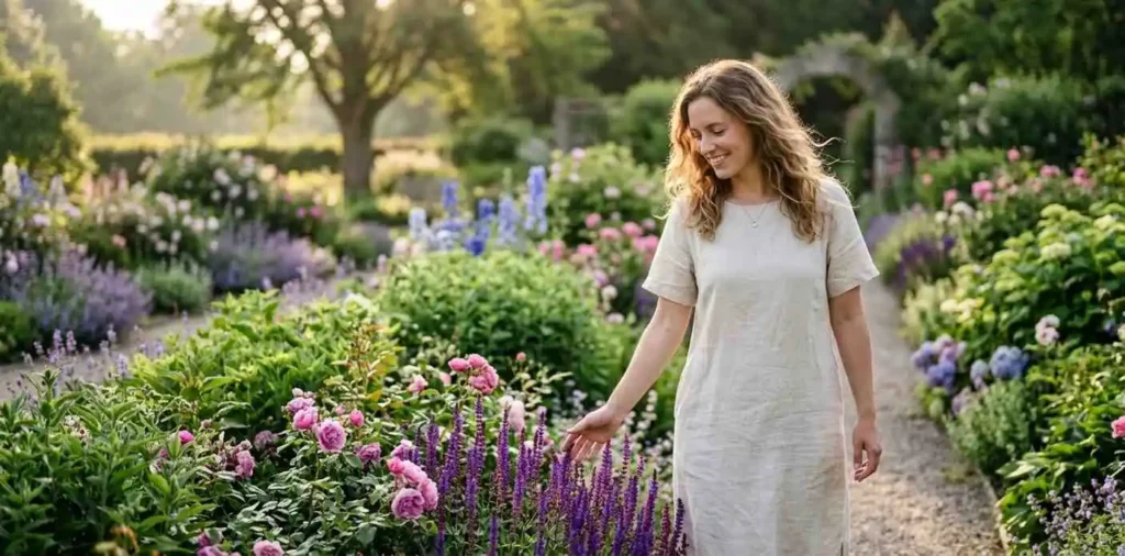 Woman walking through colorful flower garden