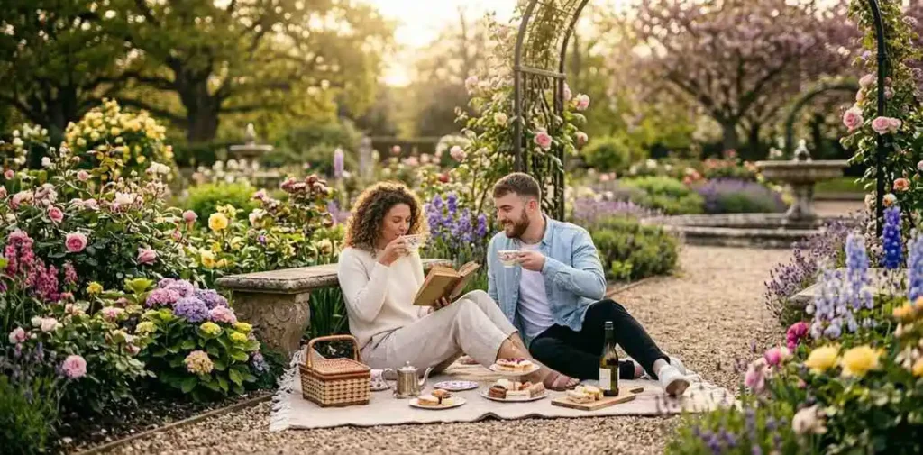 Couple relaxing during picnic in garden