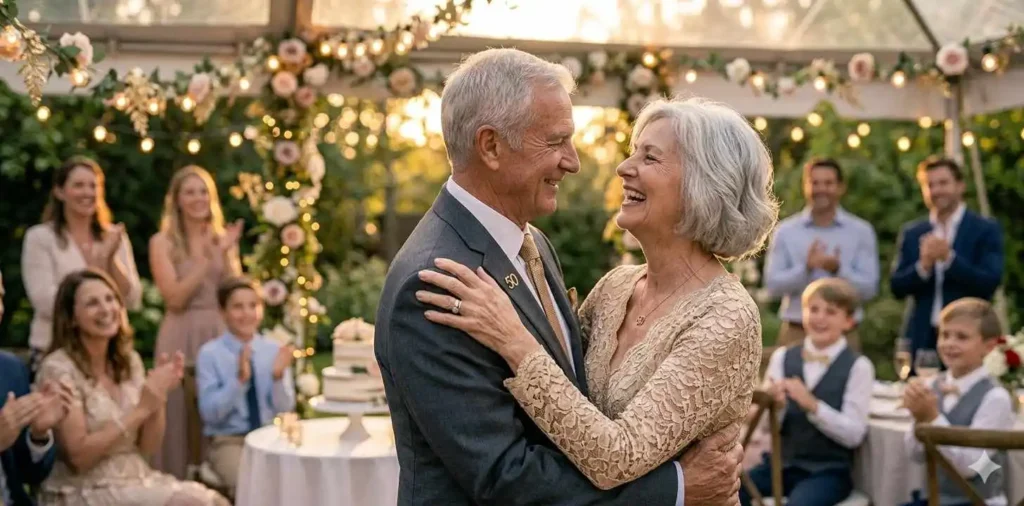Elderly couple dancing together during anniversary celebration