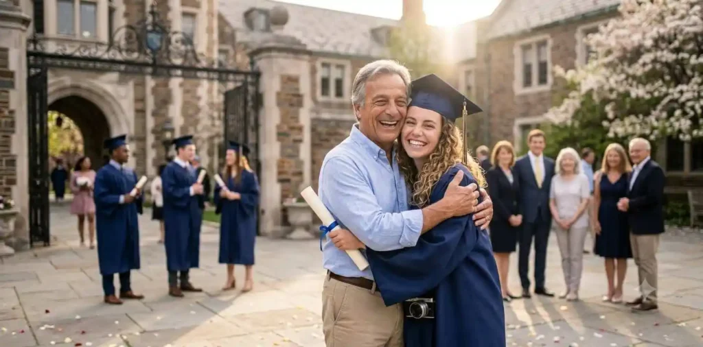 Graduate hugging father outside campus after ceremony