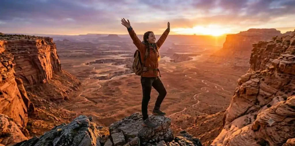Hiker reaching mountain summit at sunrise