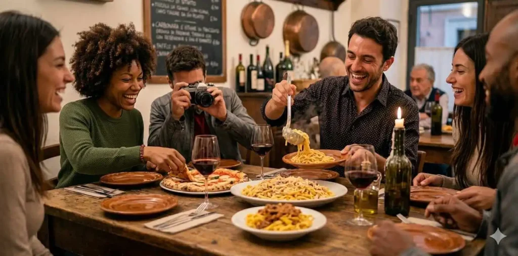 Friends enjoying fresh Italian pasta meal