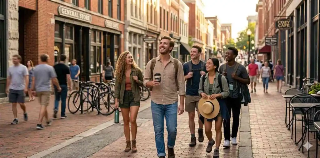 Friends exploring Knoxville downtown streets