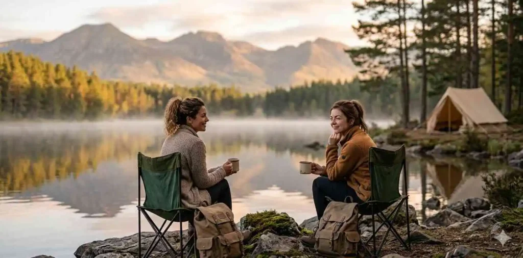 Friends relaxing beside a peaceful lakeside campsite