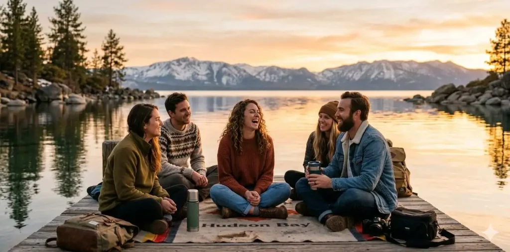 Friends enjoying lakeside sunset together