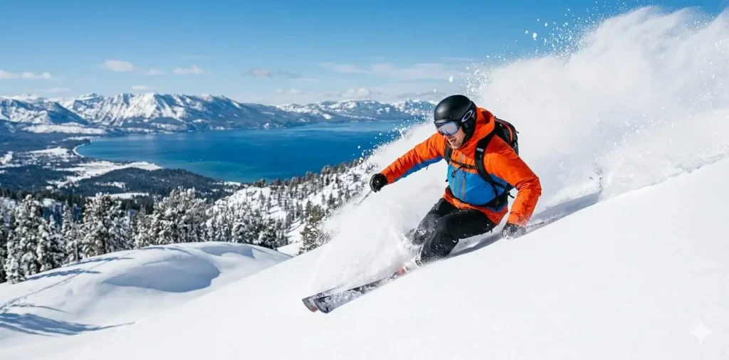 Skier descending snowy mountain slope