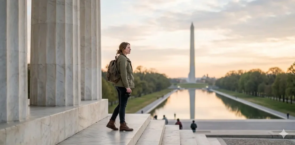 Traveler admiring the Lincoln Memorial steps
