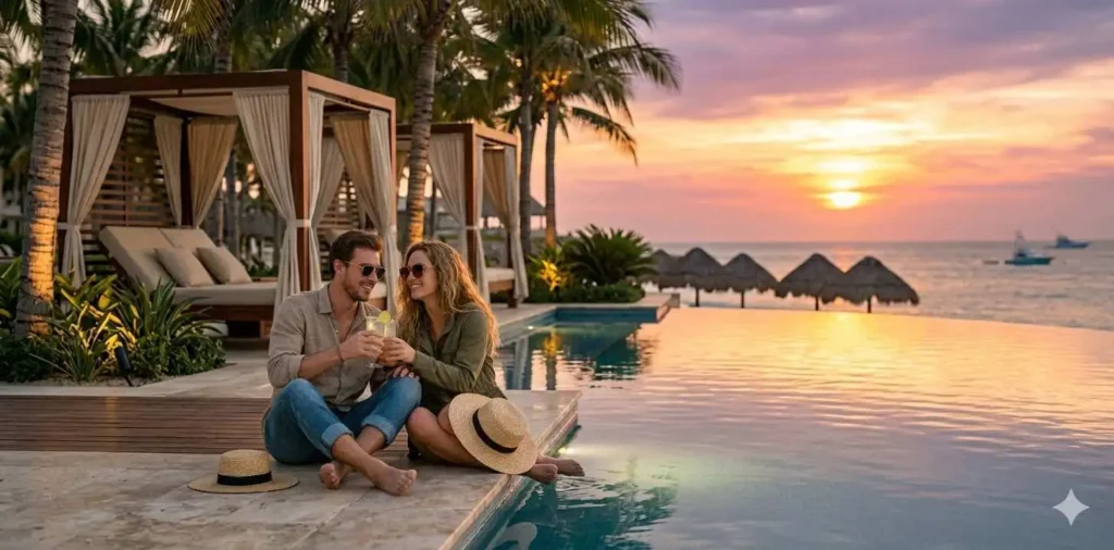 Couple relaxing at luxury Mexico beach resort pool
