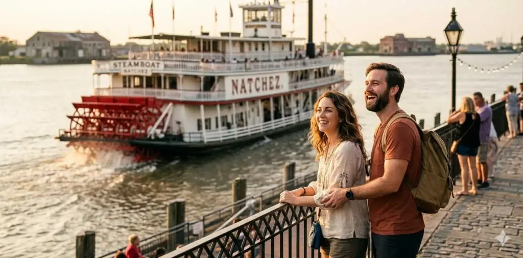 Travelers watching the Mississippi River from the waterfront